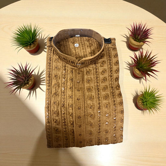 Men's Traditional Embroidered Kurta (Mustard Brown)