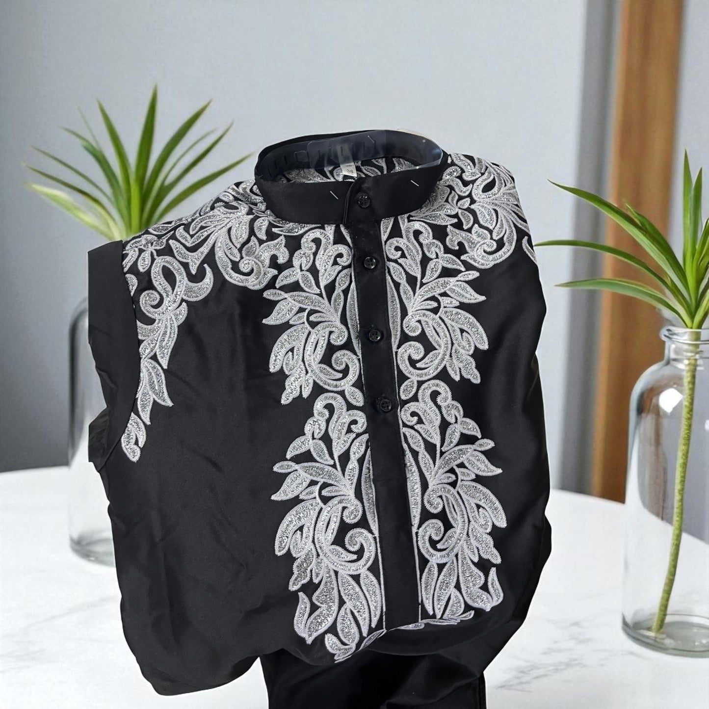 Men's Designer Kurta – Black with White Embroidery