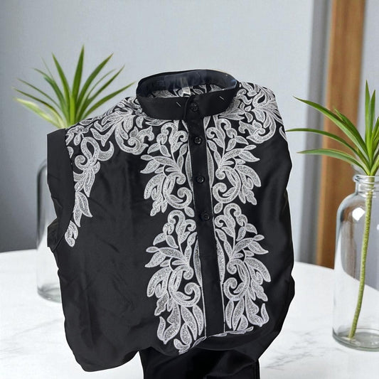 Men's Designer Kurta – Black with White Embroidery