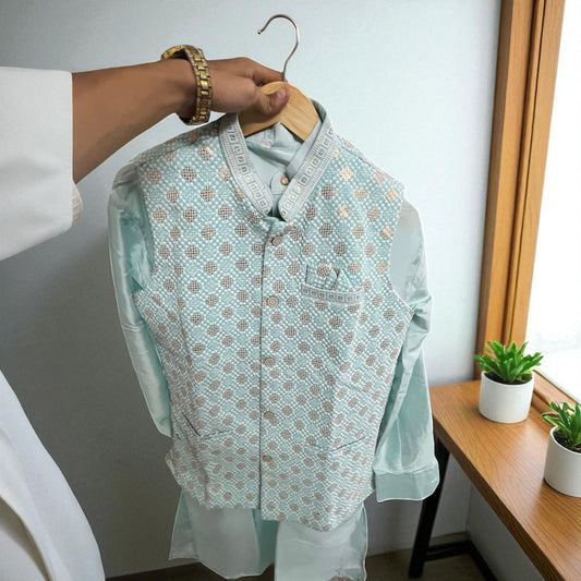 Men’s Diamond Weave Nehru Jacket – Powder Blue & Gold