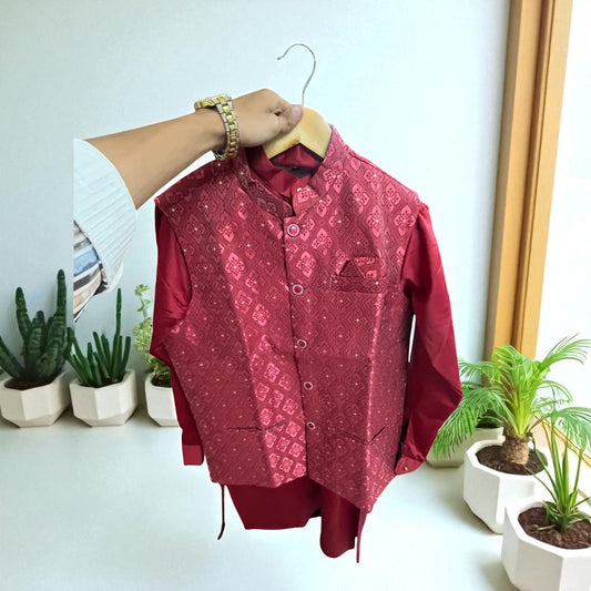 Men’s Brocade Nehru Jacket – Maroon Red