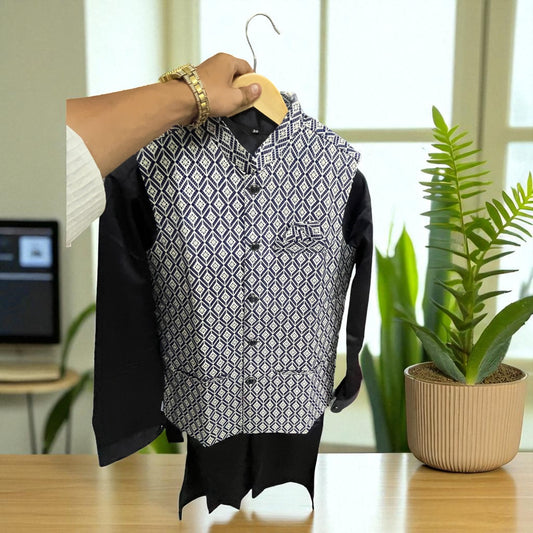 Men’s Diamond Printed Nehru Jacket – Black & White