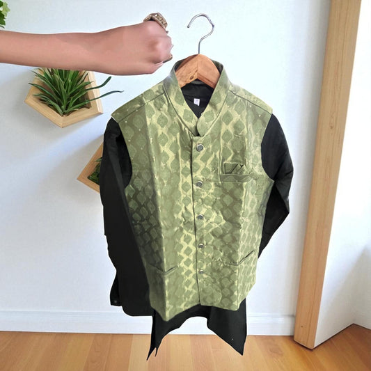 Men’s Leaf Motif Jacquard Nehru Jacket – Olive Green