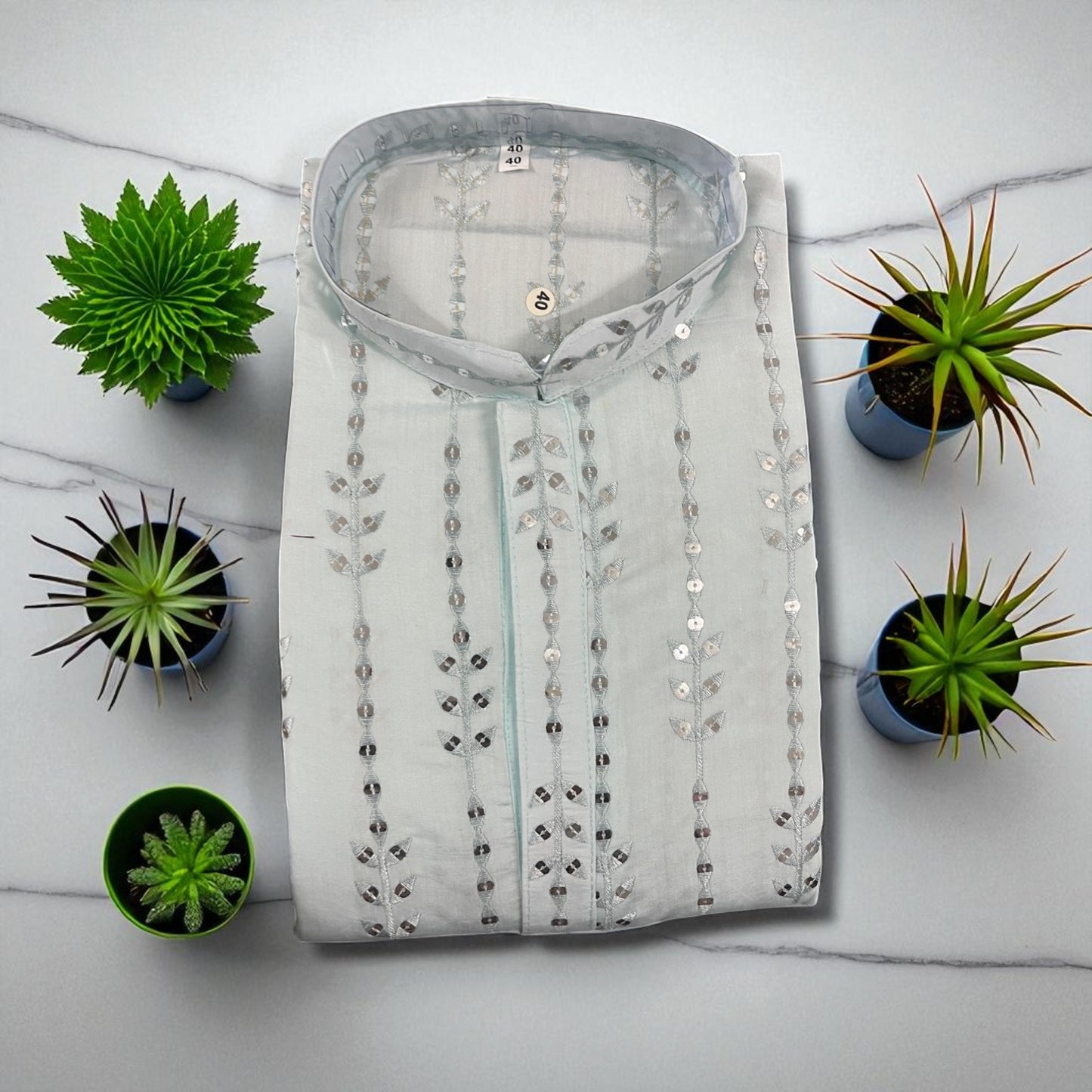 Men’s Sequin Embroidered Kurta – Pastel Blue