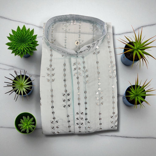 Men’s Sequin Embroidered Kurta – Pastel Blue