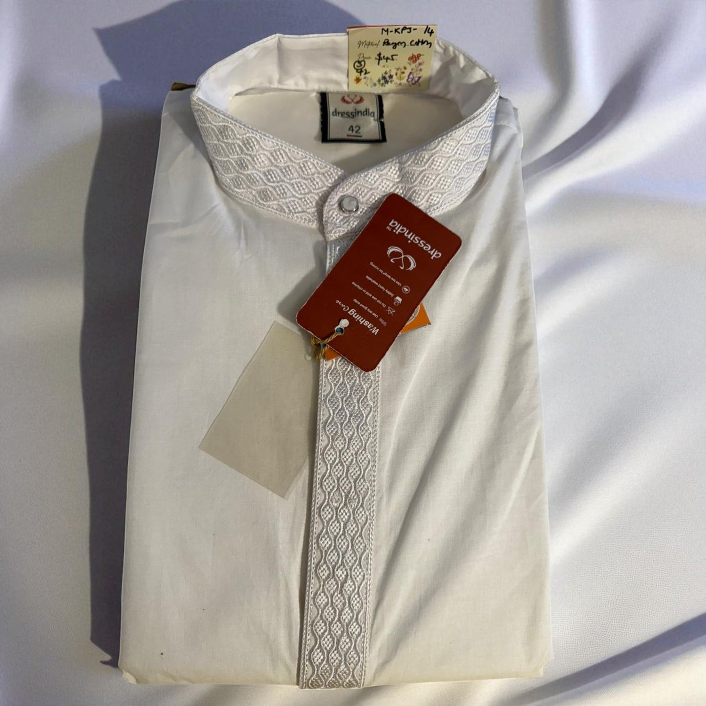 Men’s Classic White Cotton Kurta with Embroidered Collar – Dressindia