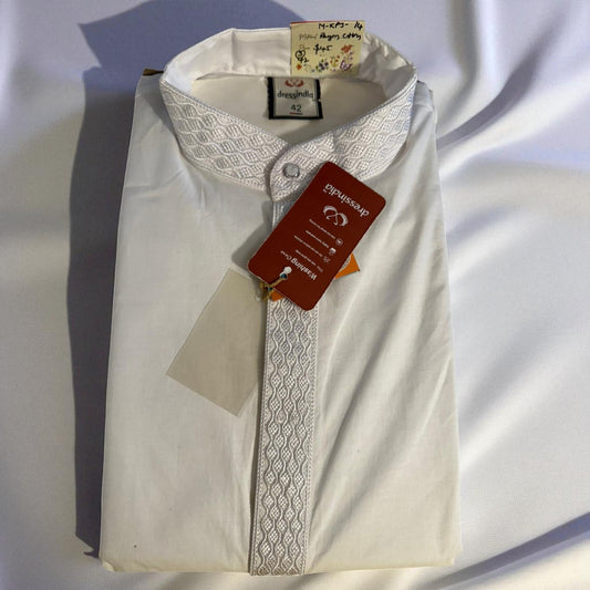 Men’s Classic White Cotton Kurta with Embroidered Collar – Dressindia