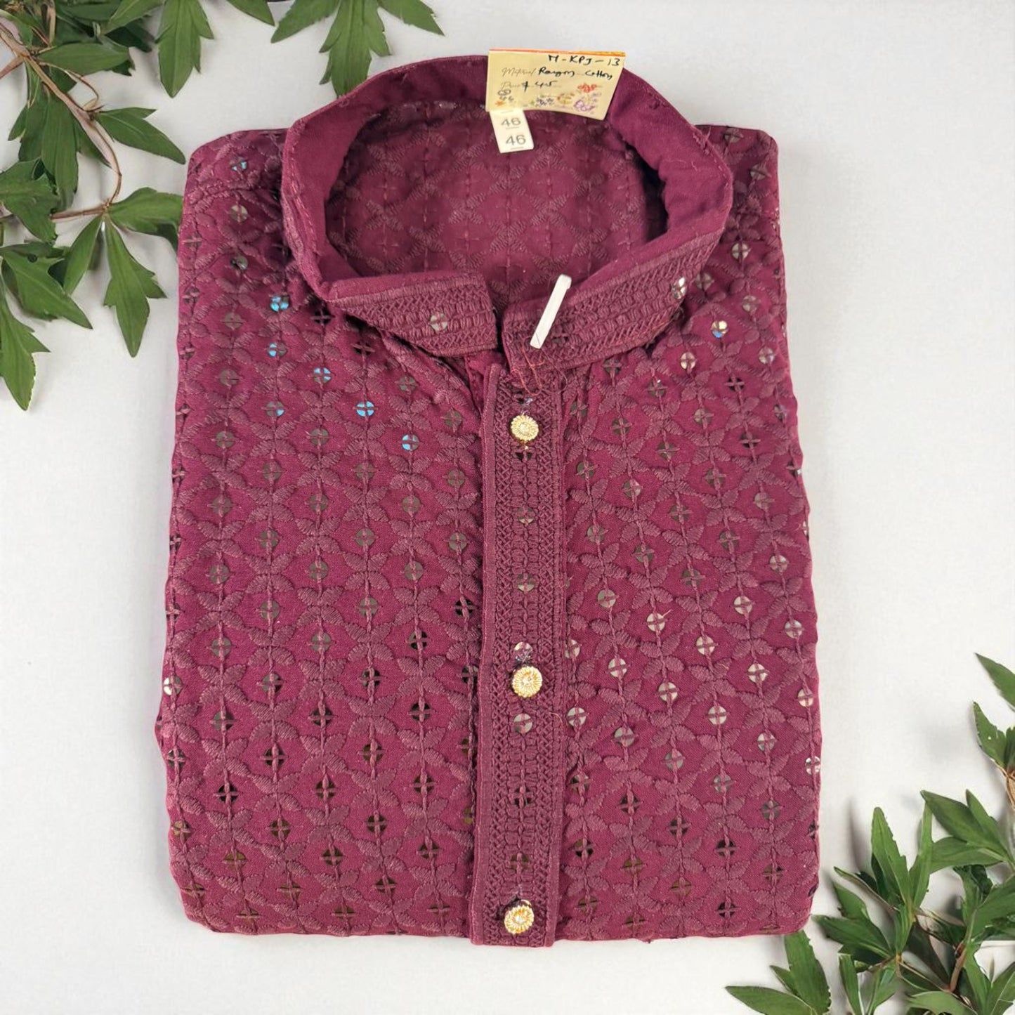 Men’s Designer Net Embroidered Kurta – Maroon Wine with Mirror Work