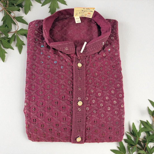 Men’s Designer Net Embroidered Kurta – Maroon Wine with Mirror Work