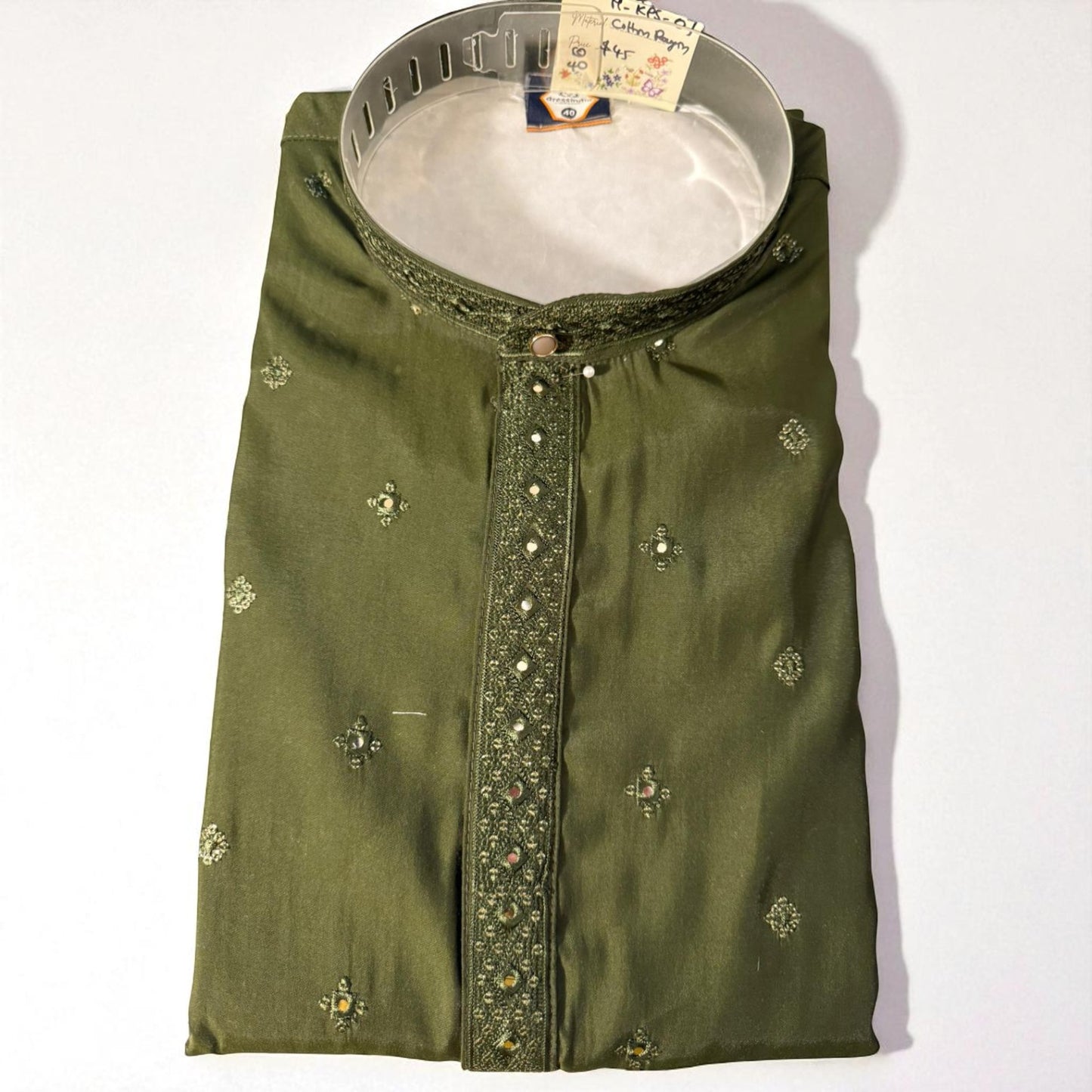 Men’s Mirror Work Cotton Kurta – Olive Green