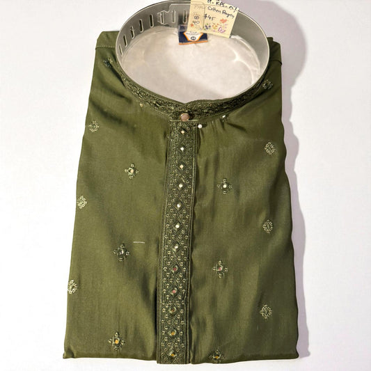 Men’s Mirror Work Cotton Kurta – Olive Green
