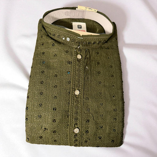 Men’s Designer Cutwork Kurta – Olive Green with Embroidered Detail