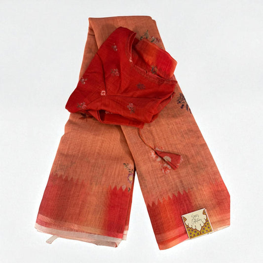 Soft Cotton Printed Saree with Blouse – Orange Red Gradient