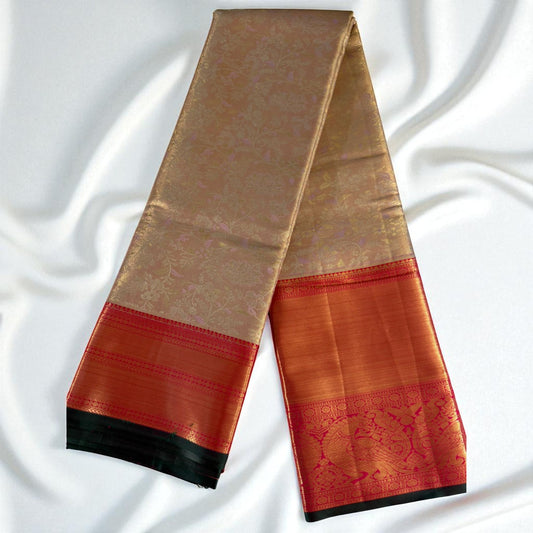 Golden Tissue Silk Saree with Red Zari Border & Subtle Floral Brocade