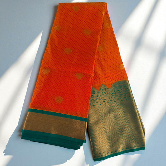 Kanjivaram-Style Traditional Silk Saree – Orange with Green Zari Border