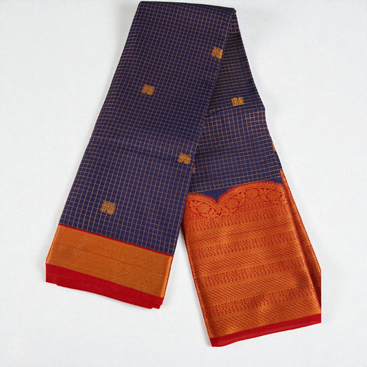 Kanjeevaram Style Checked Art Silk Saree – Navy Blue with Orange Zari Border