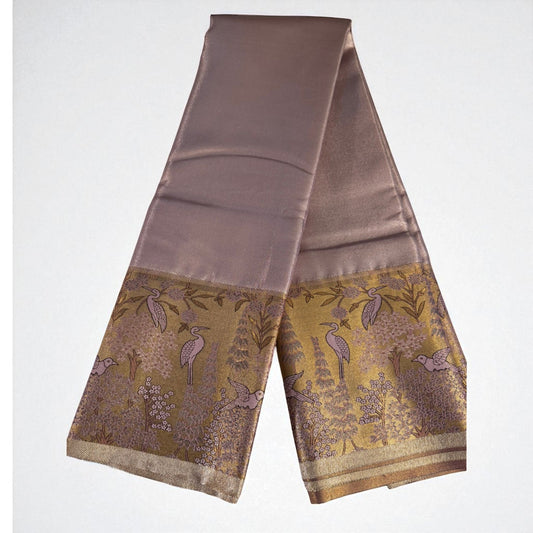 Mauve-Gold Silk Blend Saree with Woven Bird & Floral Border