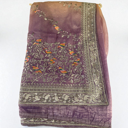 Embroidered Tissue Silk Saree with Multicolor Bird Motifs & Silver Zari Border – Mauve