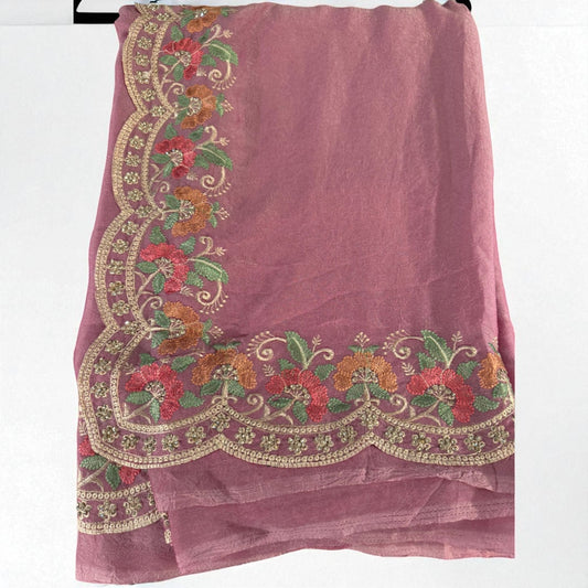 Embroidered Floral Tissue Silk Saree with Scalloped Golden Zari Border – Dusty Rose