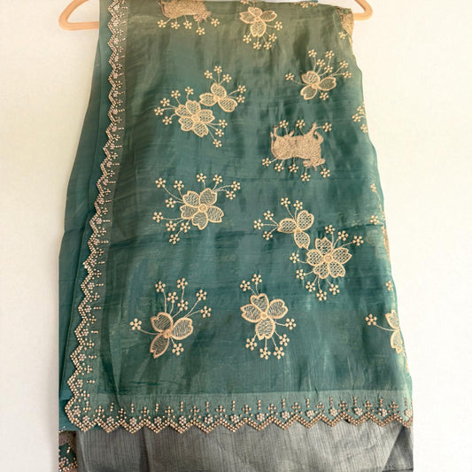 Embroidered Mint Green Tissue Silk Saree with Ivory Floral & Beaded Border