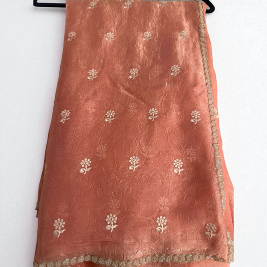 Peach Tissue Silk Saree with Floral Buti Embroidery & Scalloped Border