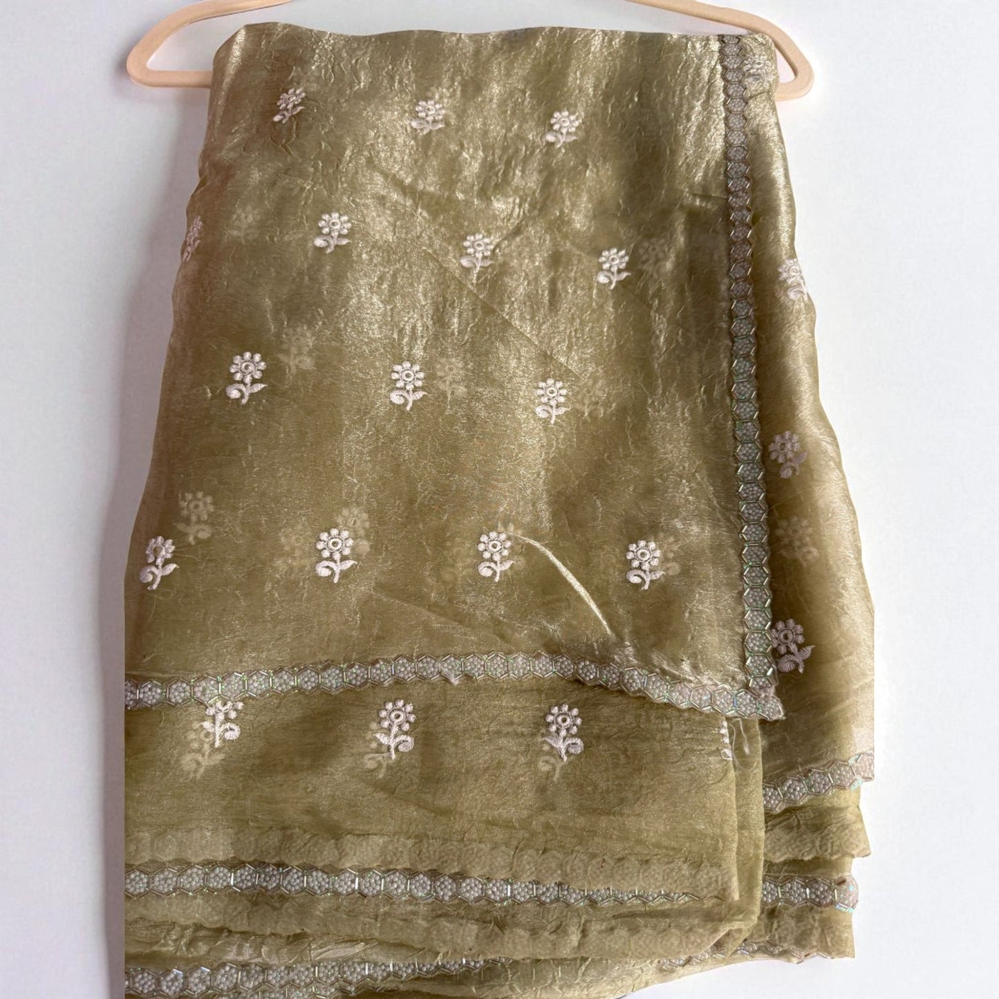 Tissue Silk Saree – Olive Gold with Thread Embroidery