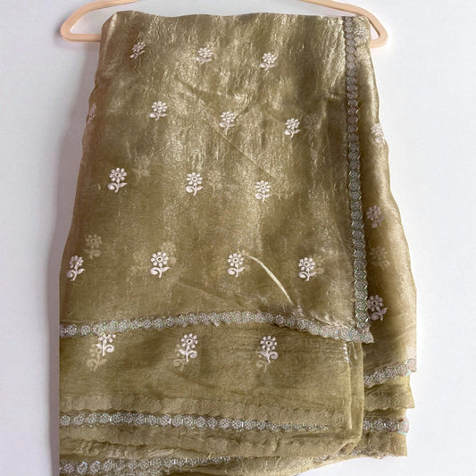 Tissue Silk Saree – Olive Gold with Thread Embroidery