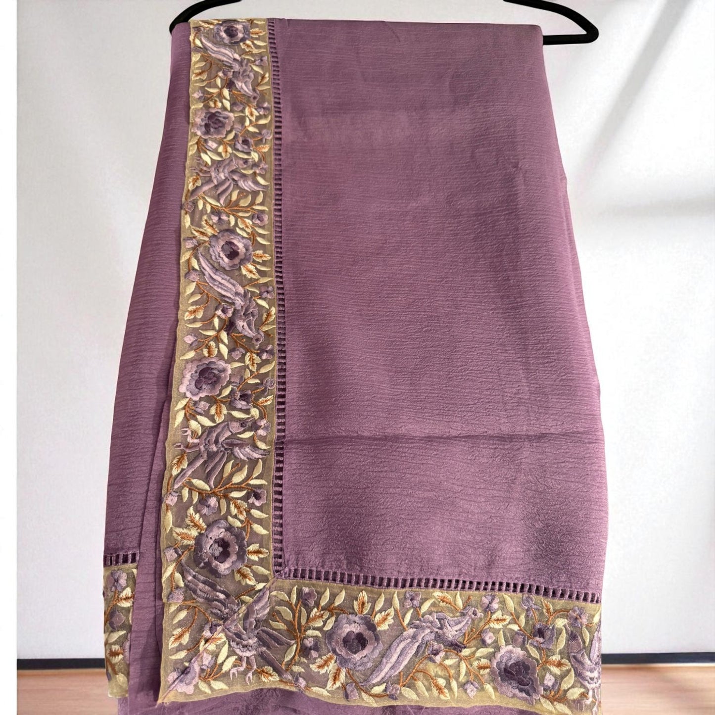 Dusty Lavender Tissue Silk Saree with Floral Embroidered Border