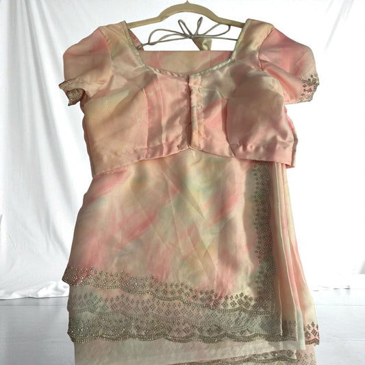 Pastel Tie-Dye Tissue Silk Saree with Readymade Blouse & Hand Embellished Border