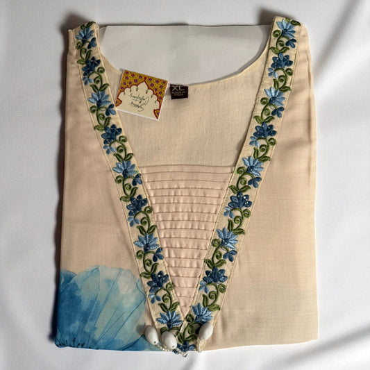 Cream Floral Embroidered Kurti – Blue Accents