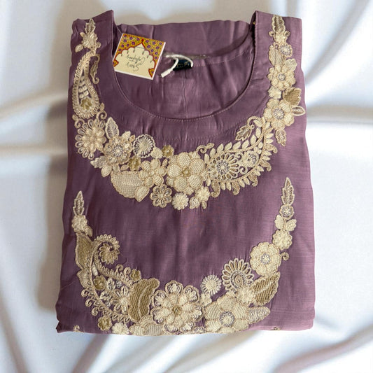 Women’s Embroidered Kurti – Mauve with Golden Floral Work