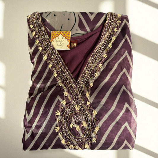 Women’s Beaded Neck Chevron Kurti – Maroon & Cream