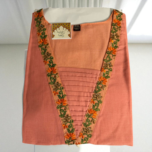 Women’s Peach Embroidered V-Neck Kurti – Cotton Blend