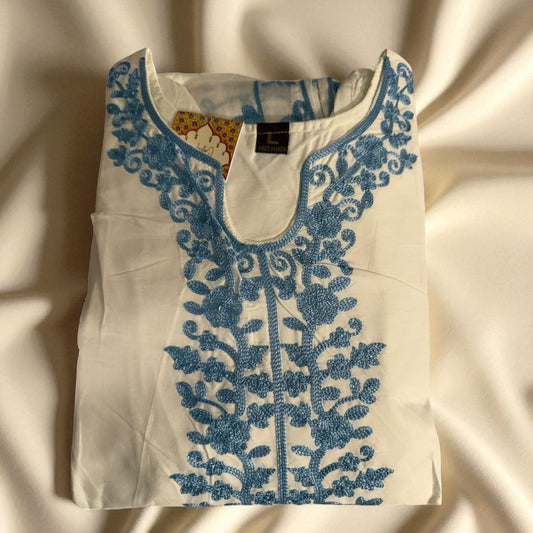 Women’s Off-White Chikankari Style Kurti with Blue Threadwork