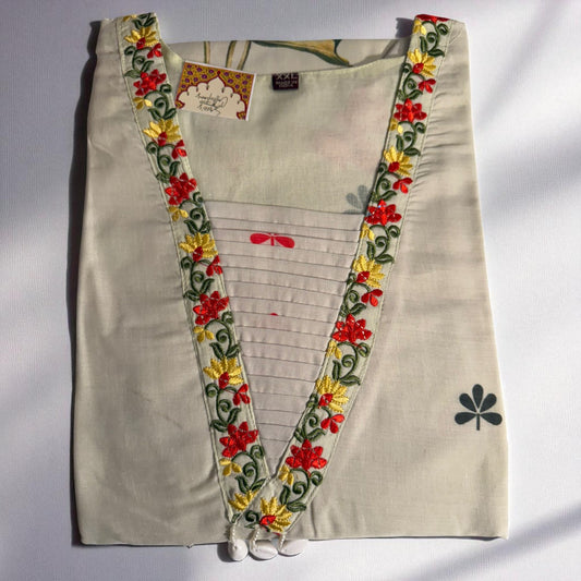 Women’s V-Neck Embroidered Kurti – Off-White with Red & Yellow Floral Work