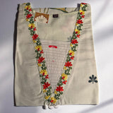 Women’s V-Neck Embroidered Kurti – Off-White with Red & Yellow Floral Work