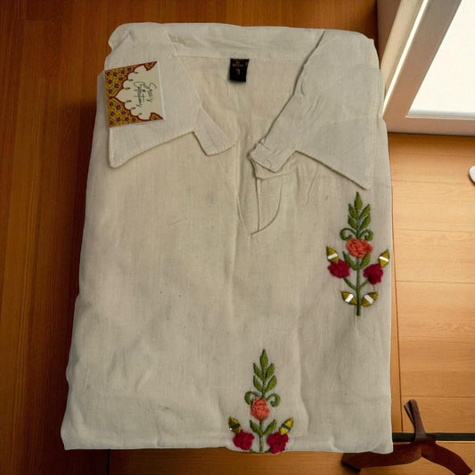 Women’s Off-White Collar Kurti – Mirror and Floral Hand Embroidery