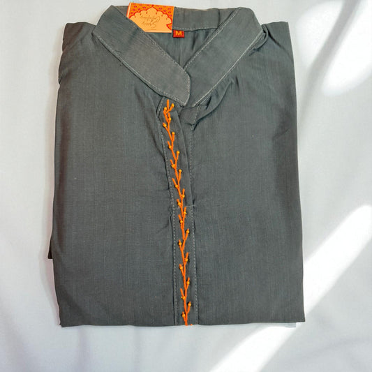 Charcoal Grey Straight Kurti – Hand Embroidered Placket