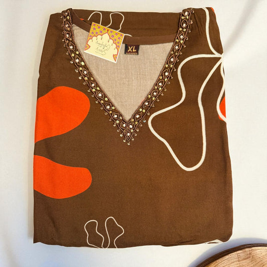 Printed Cotton Kurti – Chocolate Brown with Abstract Pattern