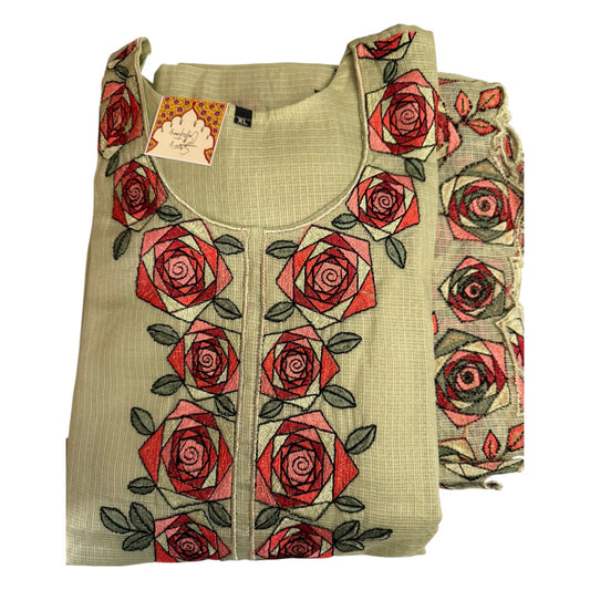 Olive Green Kurti with Red Rose Embroidery