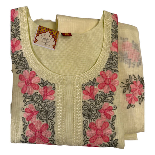 Light Yellow Kurti with Pink Floral Embroidery