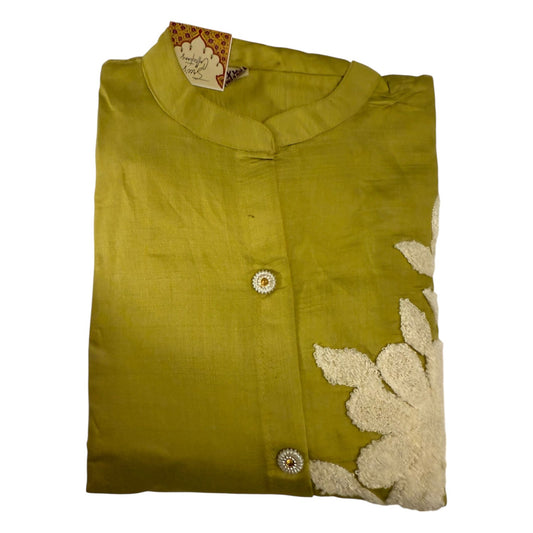 Olive Green Kurti with Embroidered Floral Accent