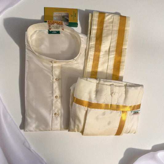 Traditional South Indian Gold Zari Border Veshti (Dhoti+Kurta) – Cream